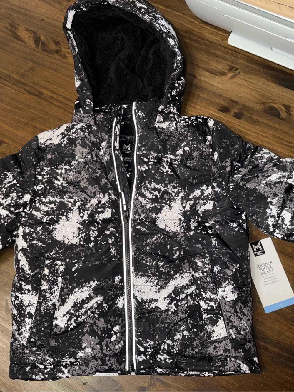 Kids Black & White Patterned Hooded Winter Jacket